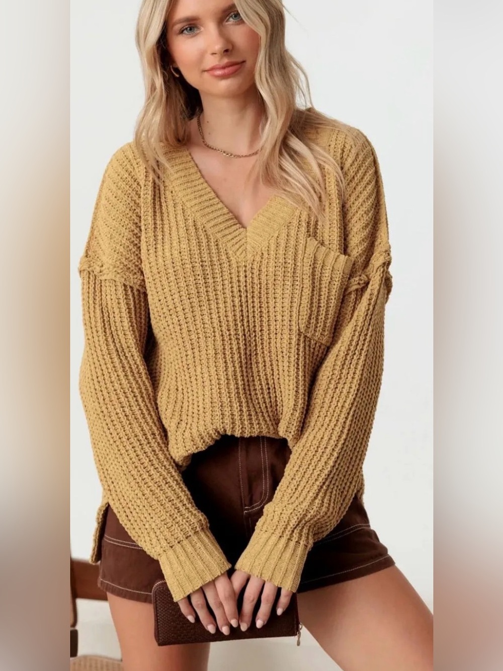 Cozy V-Neck Chunky Knit Sweater - Mustard